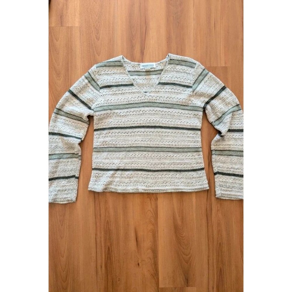 Vintage Y2K Open Knit Striped V-Neck Sweater Small Earthy Green Cream USA